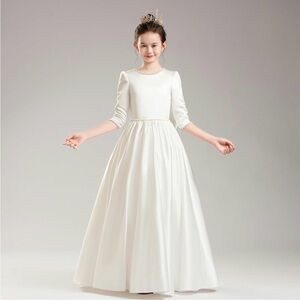 Ivory Satin & Pearl A-Line Flower Girl Dress Long Sleeve Size 6-7
